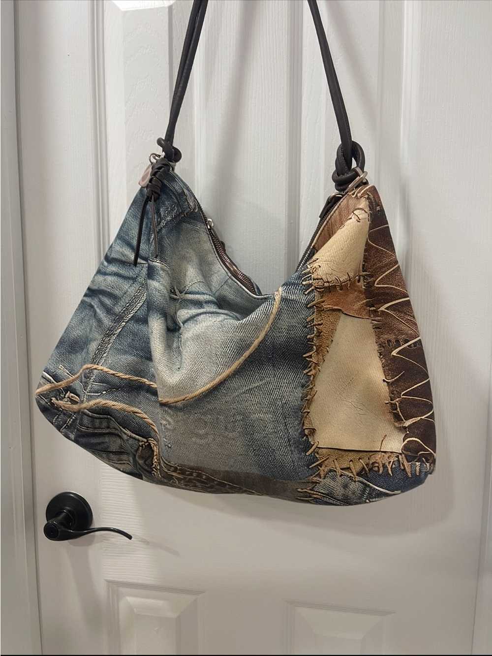Desigual Blue Denim-Style Hobo with Brown Patchwork Accents - Picture 3 of 8